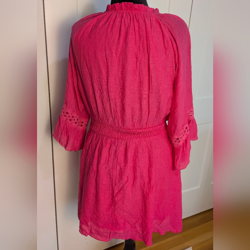 Fuchsia Pink Smocked Poplin Lace Embroidered Mini Dress Pullover Sz L - Picture 7 of 14